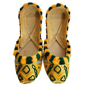 Women's Golden Green Yellow Khussa Punjabi Jutti US Size 6 7 8 Pakistani Indian
